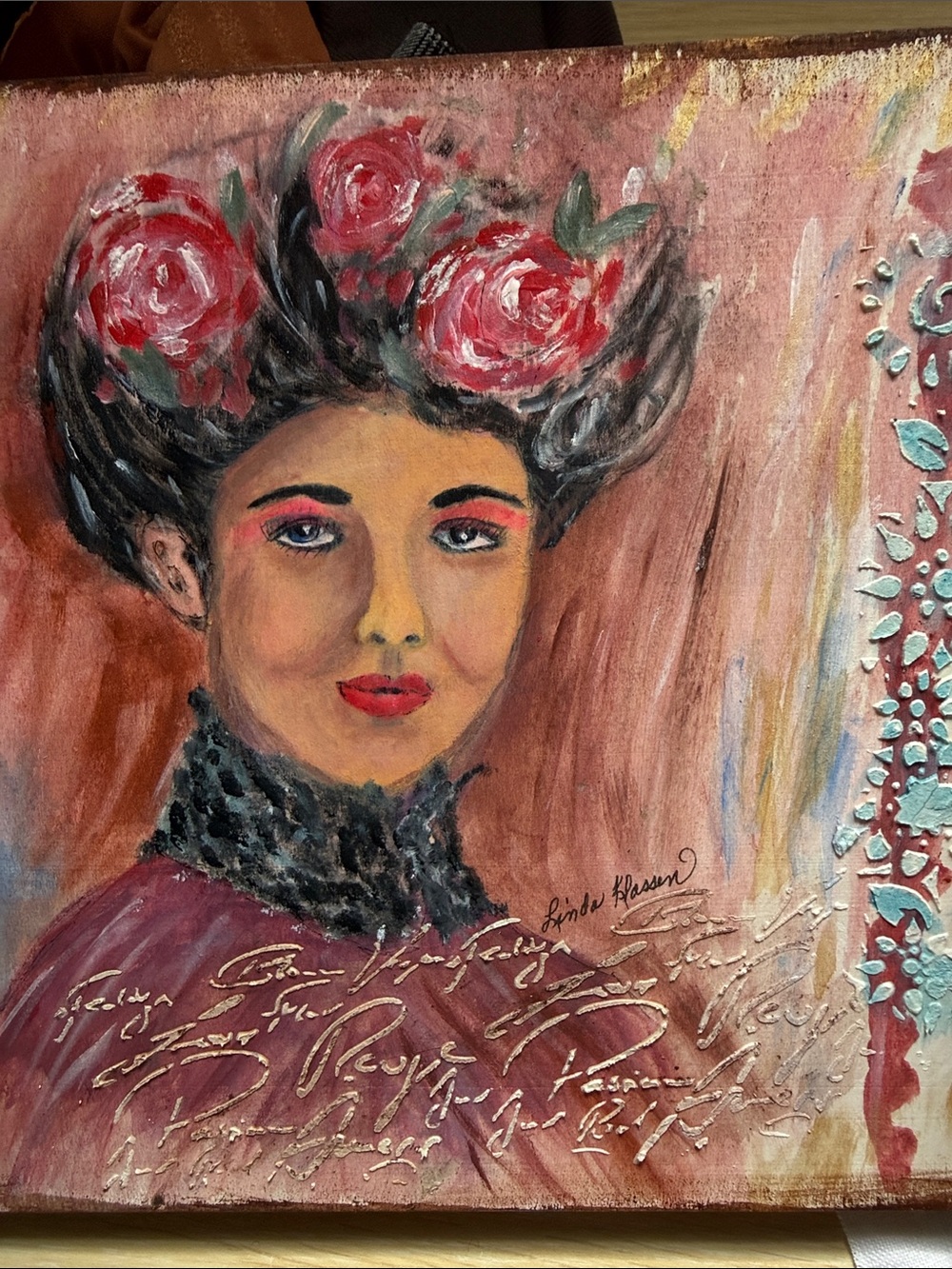 Linda Klassen Mixed Media Portrait Art Wood Panel 10x10 - Picture 1 of 6